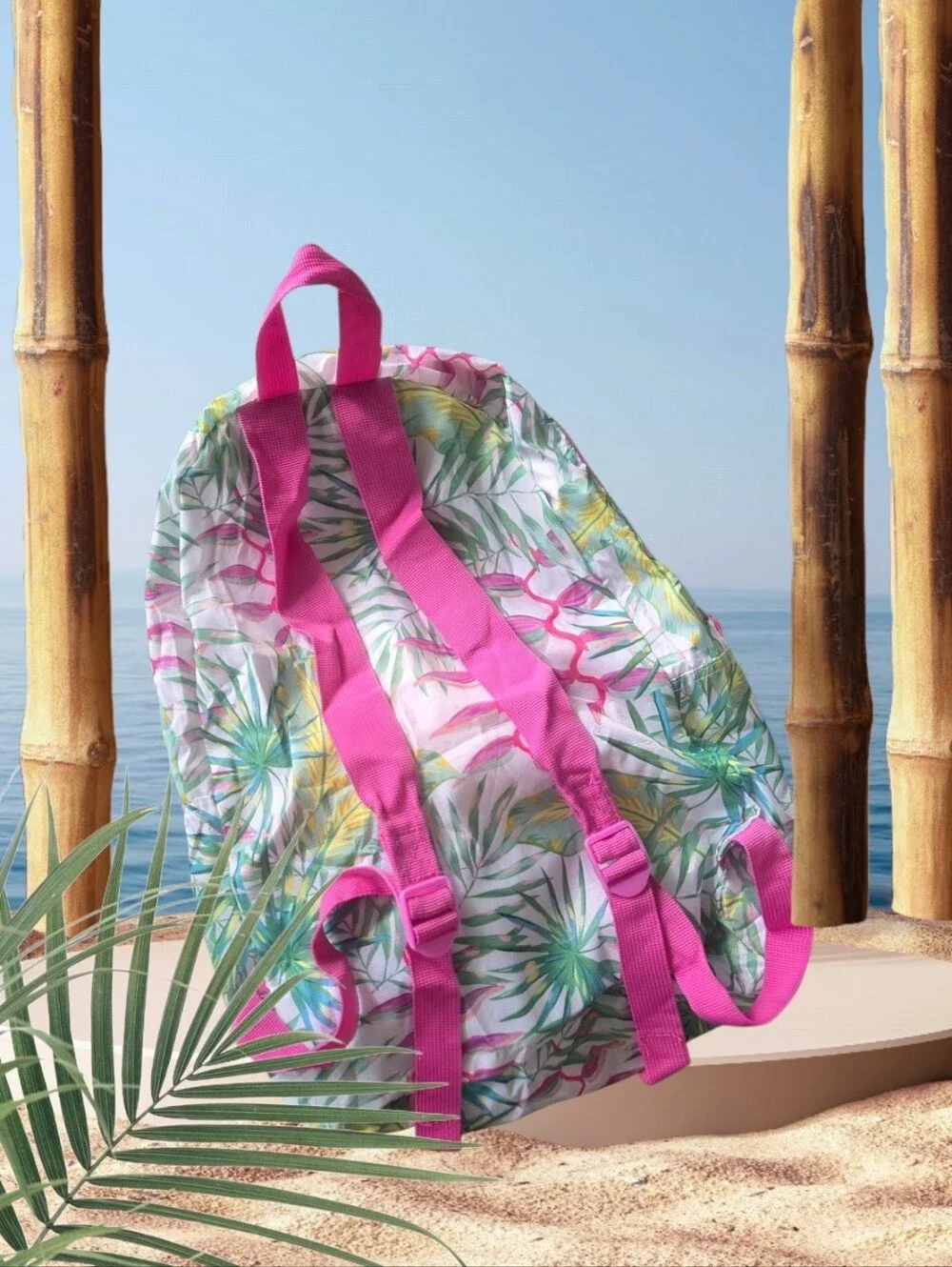 Tropical Print Pink-Accented Women's Packable Backpack